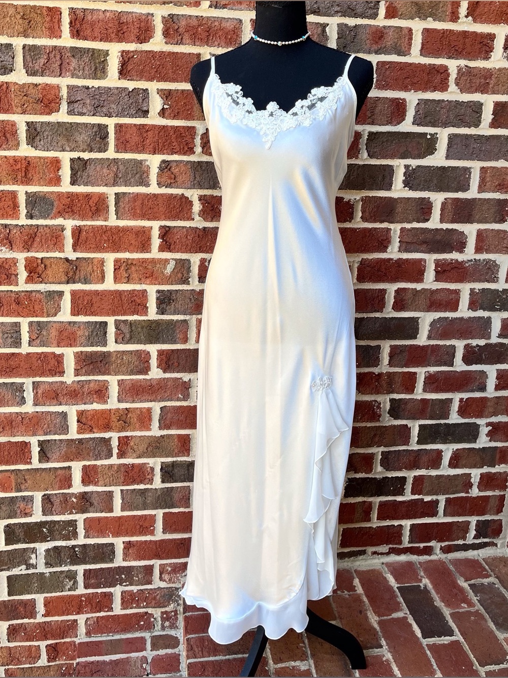 Vintage Linea Donatella Ivory Satin Beaded Open Tie back Maxi Slip Dress - Small
